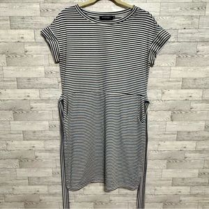 MEROKEETY Womens Medium Black/White Striped Short‎ Sleeve Dress Casual Tie Waist
